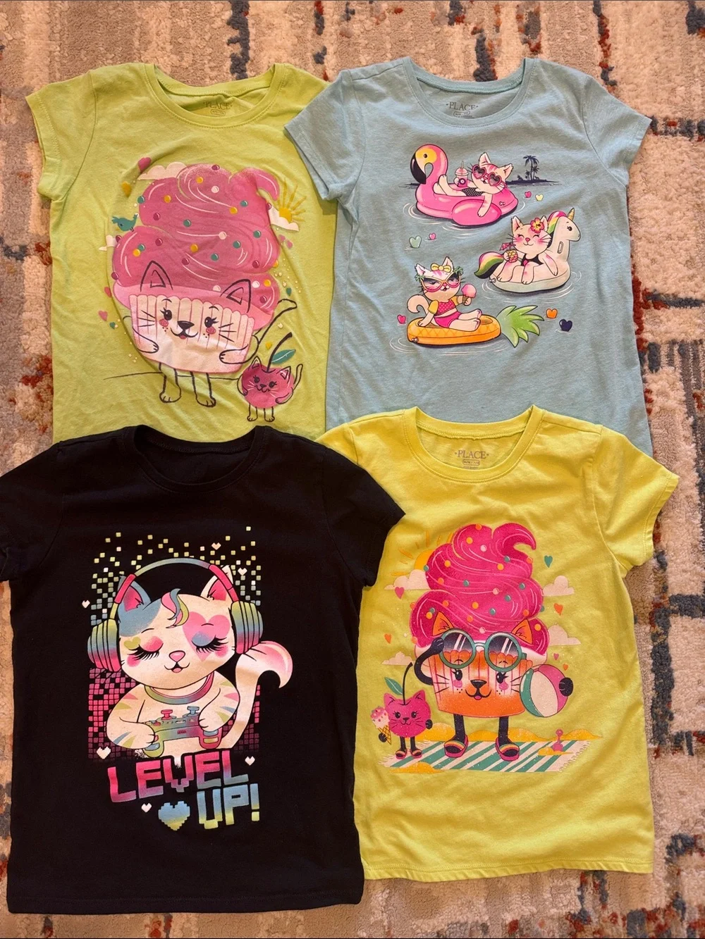 Girls Short Sleeve Graphic Tees - Yellow, Light Blue, Black, Lime